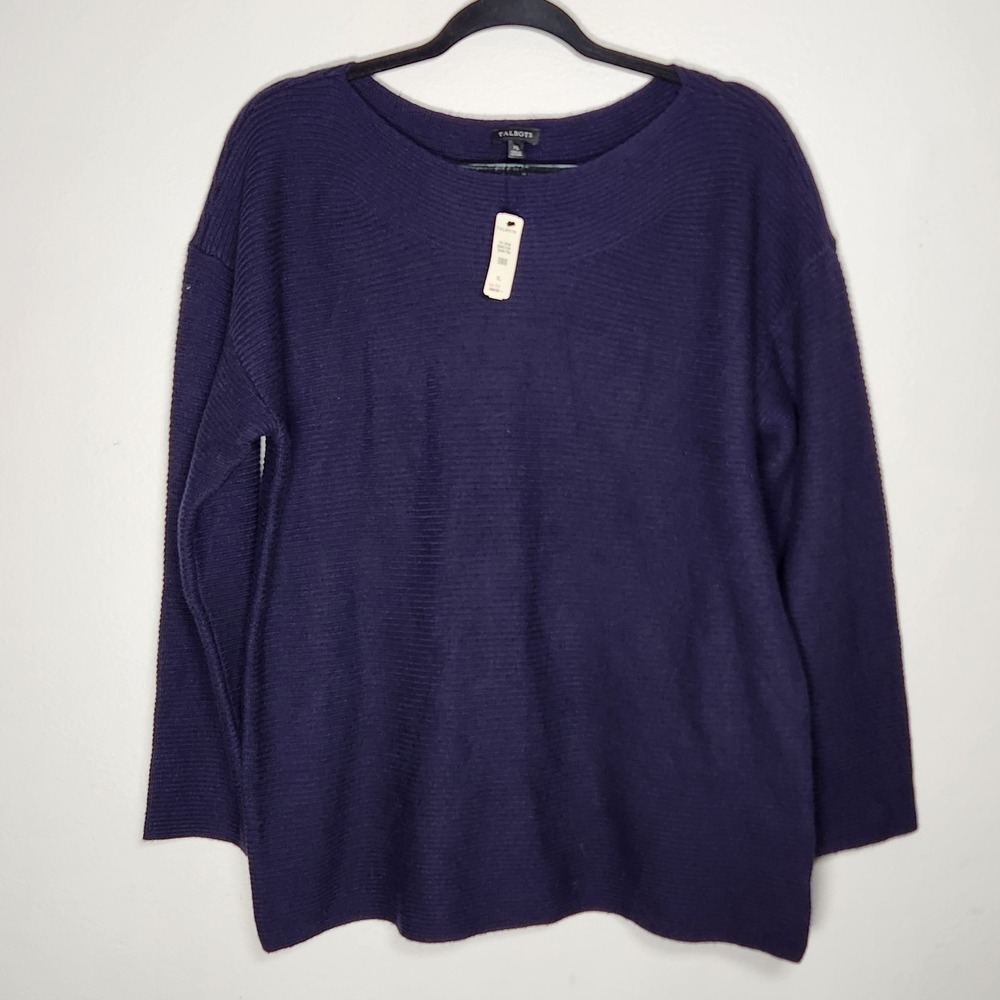 Talbots Womens XL Naby Blue Tight Knit Boat Neck Top 3/4 Sleeves‎ Quiet Luxury